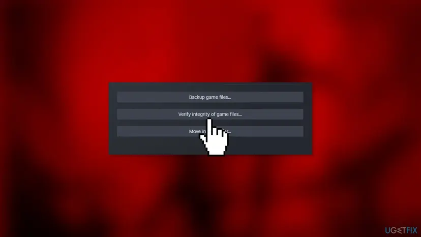 Steam Installed Files page with the buttons Backup game files, Verify integrity of game files and Move install folder, the verify button highlighted