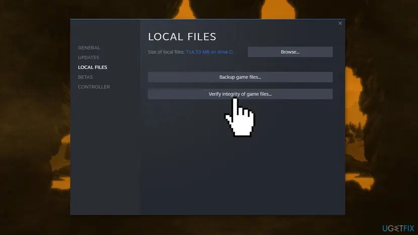 Steam game Properties window with the Verify integrity of game files button under the Local Files section