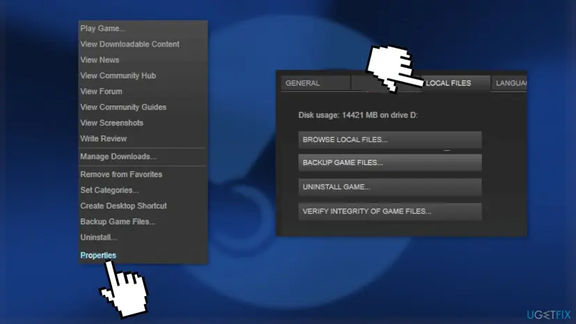 Steam Library right-click menu with Properties selected, next to the Local Files tab with the Verify integrity of game files button