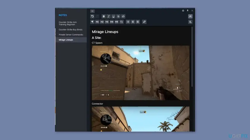 Steam Notes interface displaying embedded game screenshots and text notes