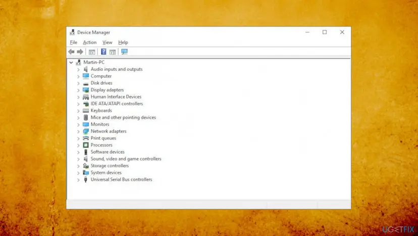 Windows 10 Device Manager with the device list collapsed and the Network adapters category between Monitors and Print queues