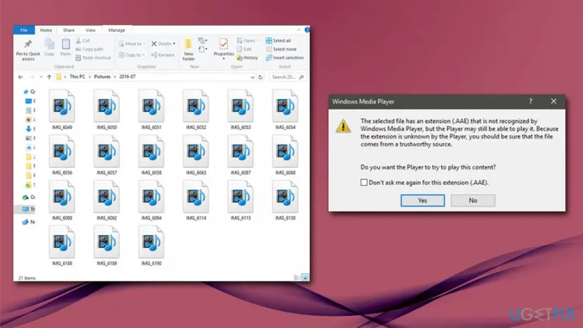 Windows 10 File Explorer with a folder of AAE files shown with a media icon, and a Windows Media Player warning that the .AAE extension is not recognized by the player.