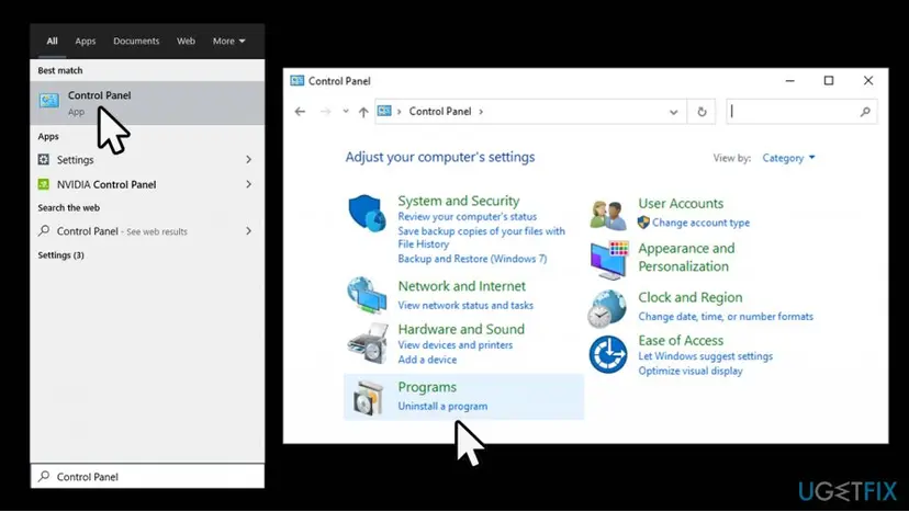 Windows search showing Control Panel as the best match, and the Control Panel window with Programs and Uninstall a program highlighted