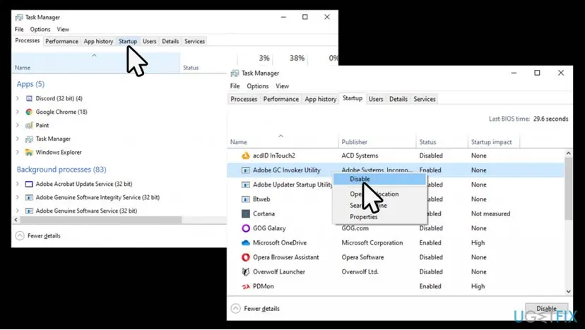 Windows 10 Task Manager Startup tab with Adobe GC Invoker Utility from Adobe Systems Incorporated selected and Disable chosen in the right-click menu