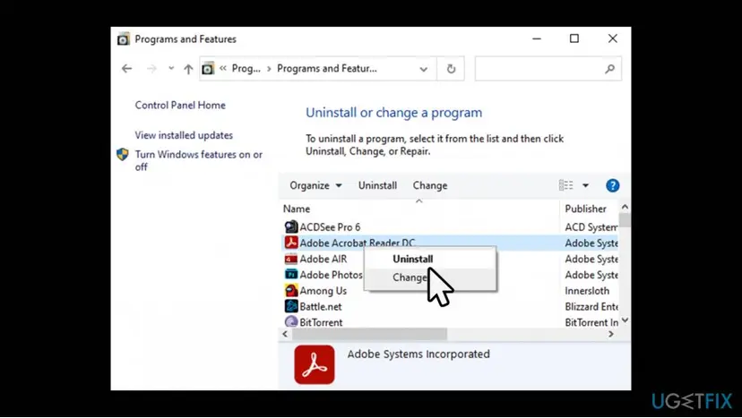 Programs and Features window on Windows 10 with Adobe programs listed and the right-click menu showing Uninstall and Change