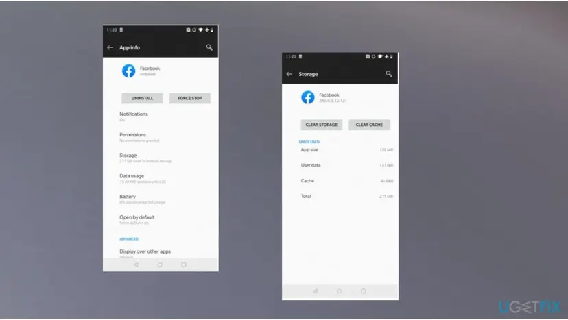 Two Android screens side by side: App info of Facebook with the Uninstall and Force stop buttons, and the Storage screen with the Clear storage and Clear cache buttons and the sizes of app, user data and cache