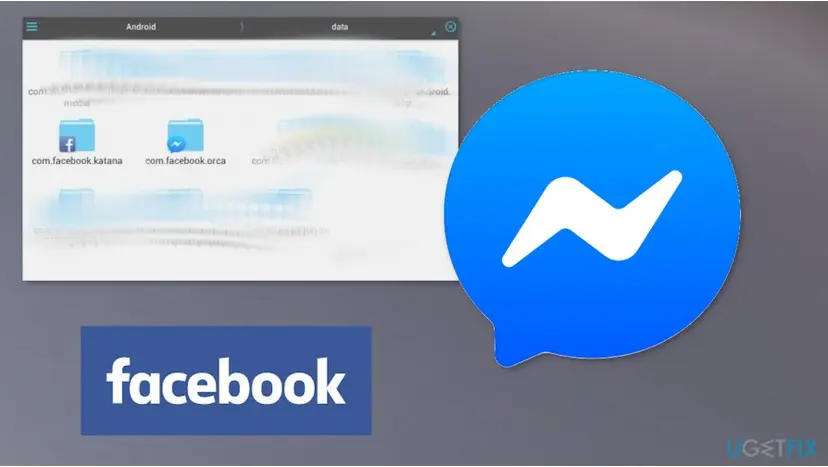 File manager on an older Android version with the Android > data folder open, showing the folders com.facebook.katana and com.facebook.orca next to the Facebook and Messenger logos
