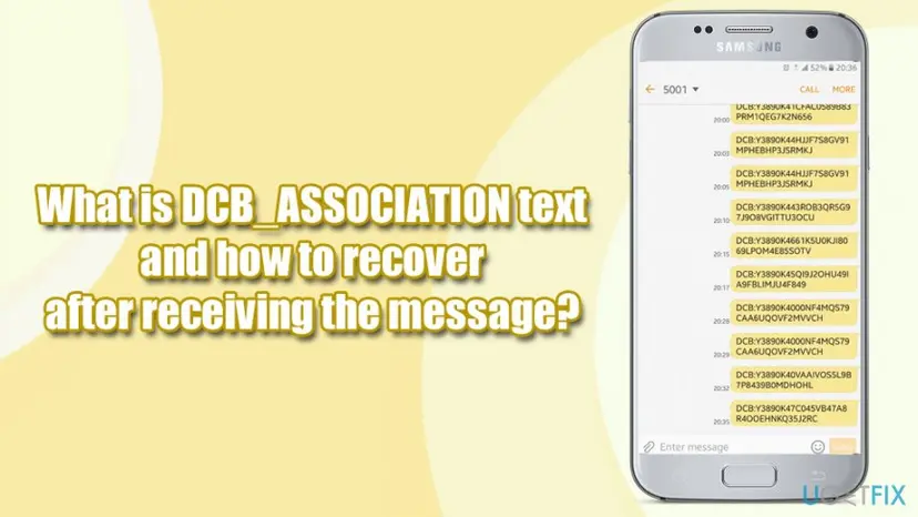 Illustration from the first version of this guide: a Samsung phone showing a message thread to the short number 5001 with ten outgoing texts that each start with DCB: followed by a long code.
