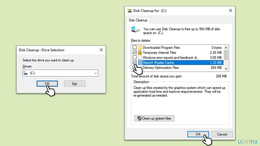 Disk Cleanup for drive C with DirectX Shader Cache ticked and its description saying the files will be re-generated as needed