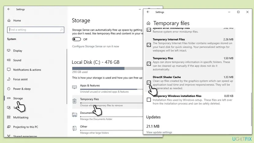Windows 10 Settings, Storage page with Temporary files opened and the DirectX Shader Cache check box ticked in the list