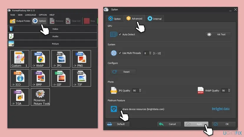 FormatFactory 5.13 Option window on the Advanced tab with the share device resources (brightdata.com) box under Platinum Feature and the Apply button
