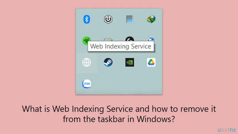 Windows notification area overflow with a white globe icon and the tooltip Web Indexing Service shown next to Steam, NVIDIA and Google Drive icons
