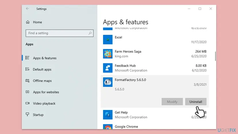 Windows 10 Settings, Apps and features, with the FormatFactory 5.6.5.0 entry selected and its Uninstall button next to Modify