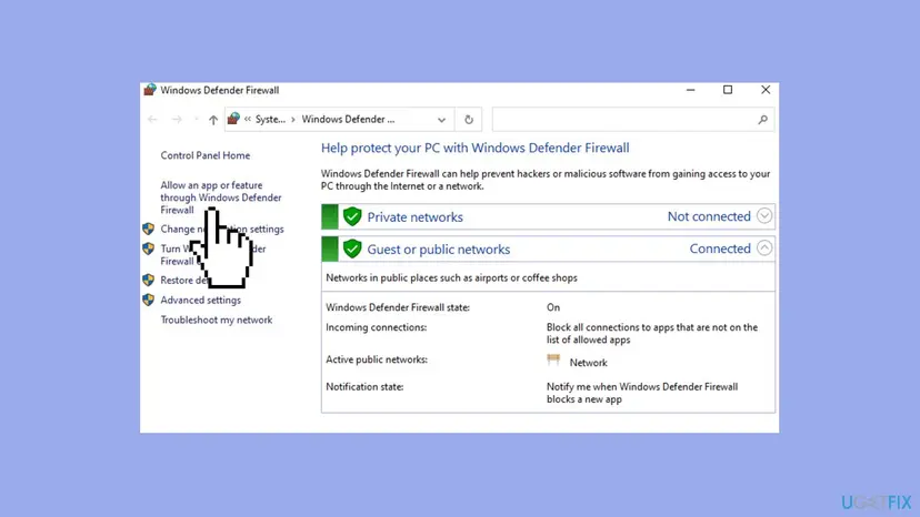 Windows Defender Firewall window in Control Panel with a cursor on the Allow an app or feature link