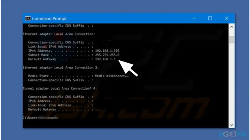 Command Prompt window showing ipconfig output with an arrow pointing to Default Gateway