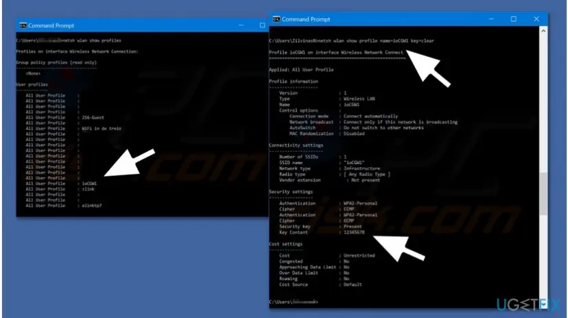 Command Prompt windows showing wireless network profiles and Wi-Fi security key details
