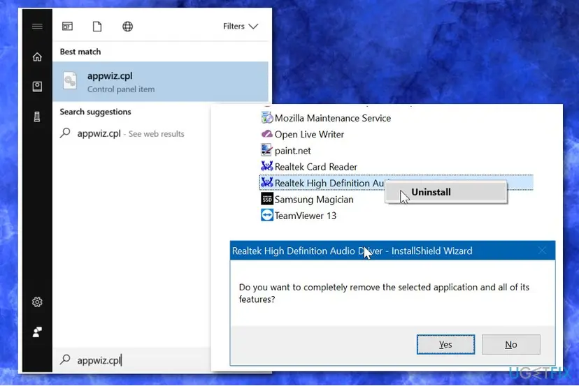 Win 10 driver audio appwiz uninstall