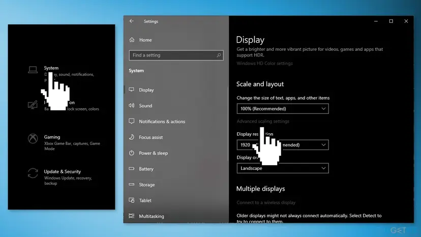 Windows 10 Settings on the System, Display page, with the Scale and layout section and the Display resolution list set to 1920 x 1080 Recommended