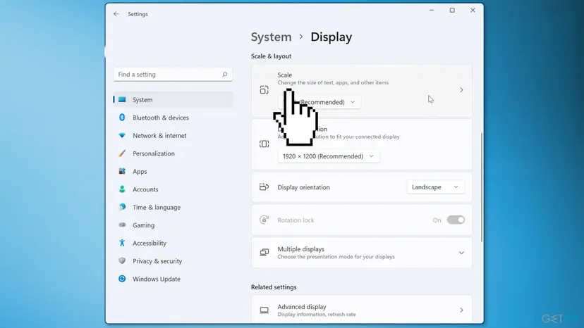 Windows 11 Settings, System, Display page with the Scale option under Scale and layout and the Display resolution list set to 1920 x 1200 Recommended