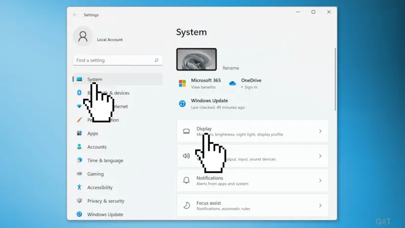 Windows 11 Settings app on the System page, with a pointer on System in the left menu and on the Display entry at the top of the list
