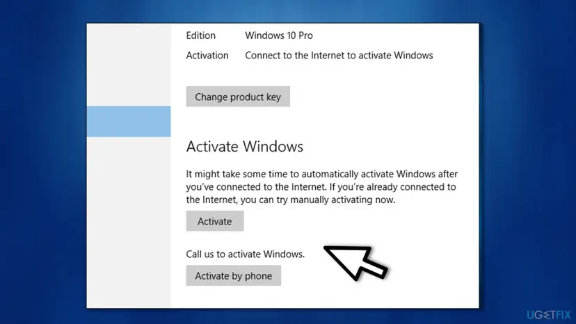 Windows 10 Activation settings page with the Activate by phone button below the activation status