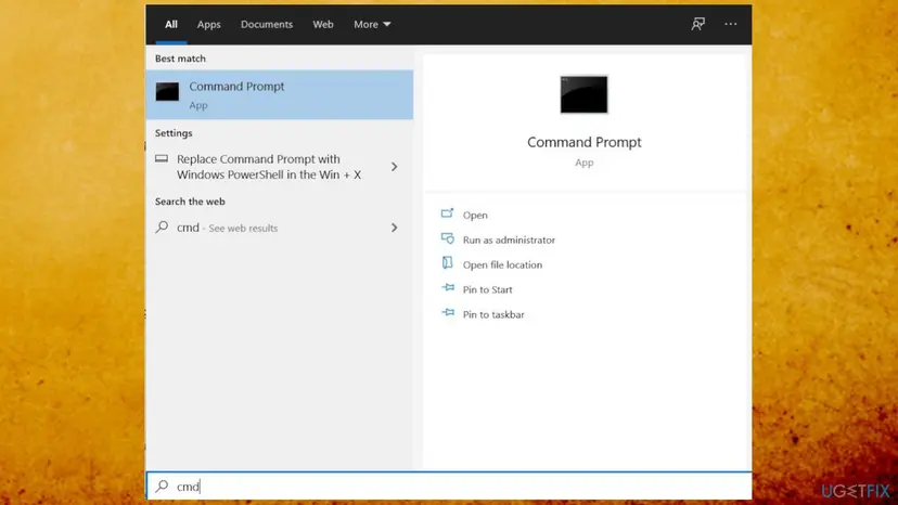 Windows search results for cmd with Command Prompt as best match and Run as administrator in the right pane