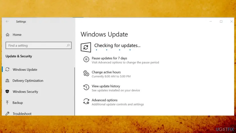 Windows Update page in Settings showing Checking for updates with pause, active hours, update history and advanced options