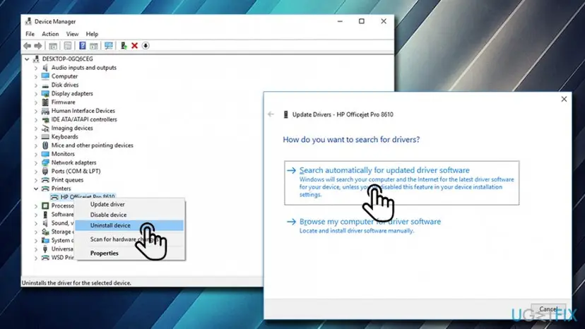 Device Manager with the right-click menu of a printer showing Uninstall device, next to the Update Drivers window with Search automatically for updated driver software