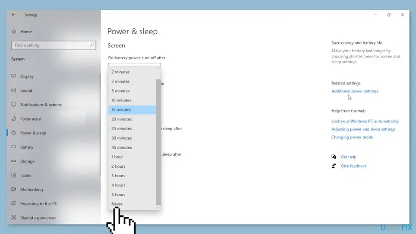 Windows 10 Settings, Power & sleep page with a timer drop-down list open and Never at the bottom of the list