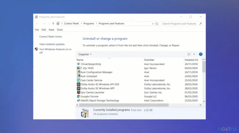 Control Panel Programs and Features window with Uninstall or change a program and the list of installed programs with publisher and install date