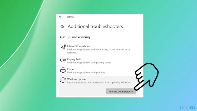 Windows 10 Settings on Additional troubleshooters with Windows Update selected and the Run the troubleshooter button