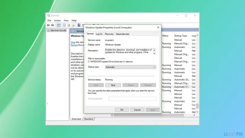 Services window with Windows Update Properties open, showing the service name wuauserv, startup type Automatic, status Running and the Stop button