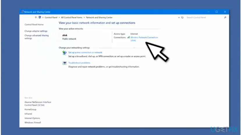 Network and Sharing Center window with the active Wi-Fi connection link next to Connections