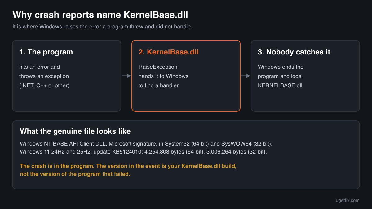 Why crash reports name KernelBase.dll: a program throws an error, KernelBase.dll raises it, nothing handles it and Windows ends the program