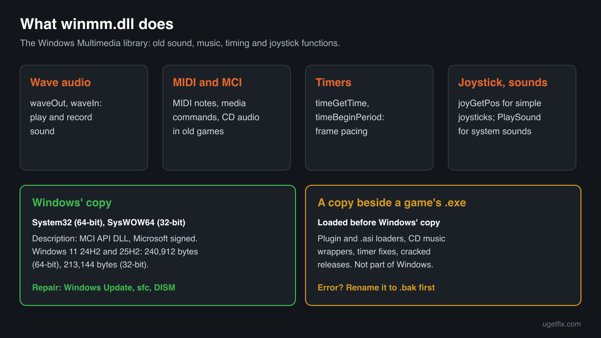 What winmm.dll does: wave audio, MIDI, MCI and CD audio, multimedia timers and joysticks, and why mods use its name