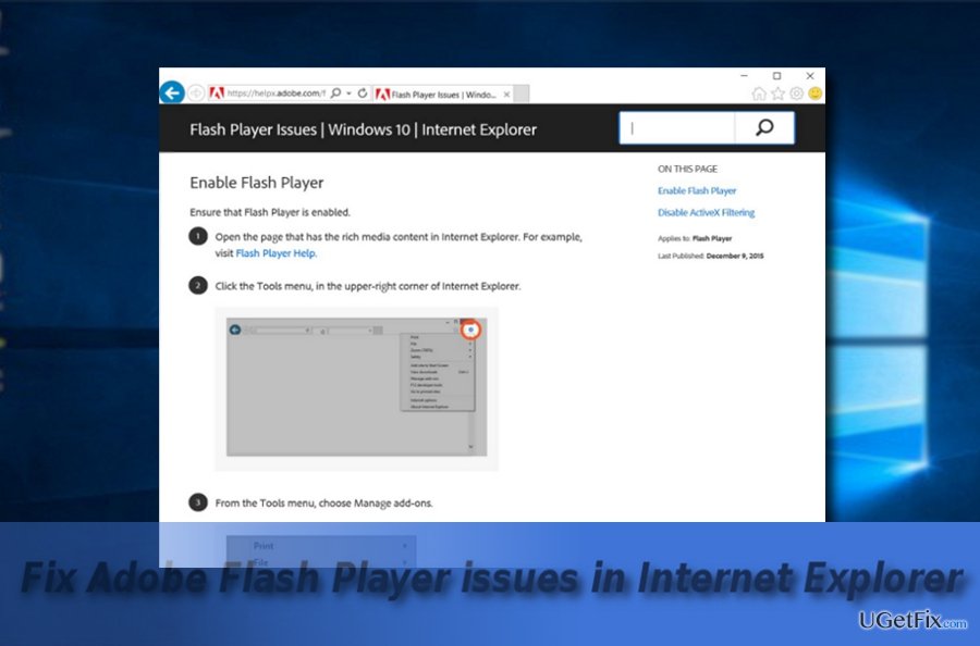 The picture illustrating Adobe Flash Player website in IE11