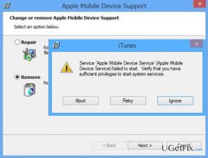 Apple mobile device failed to start error notification