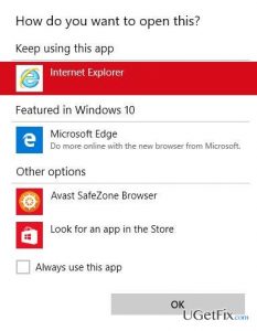 Browser choice pop up