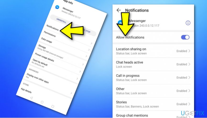 Turn off Messenger notifications via Android settings