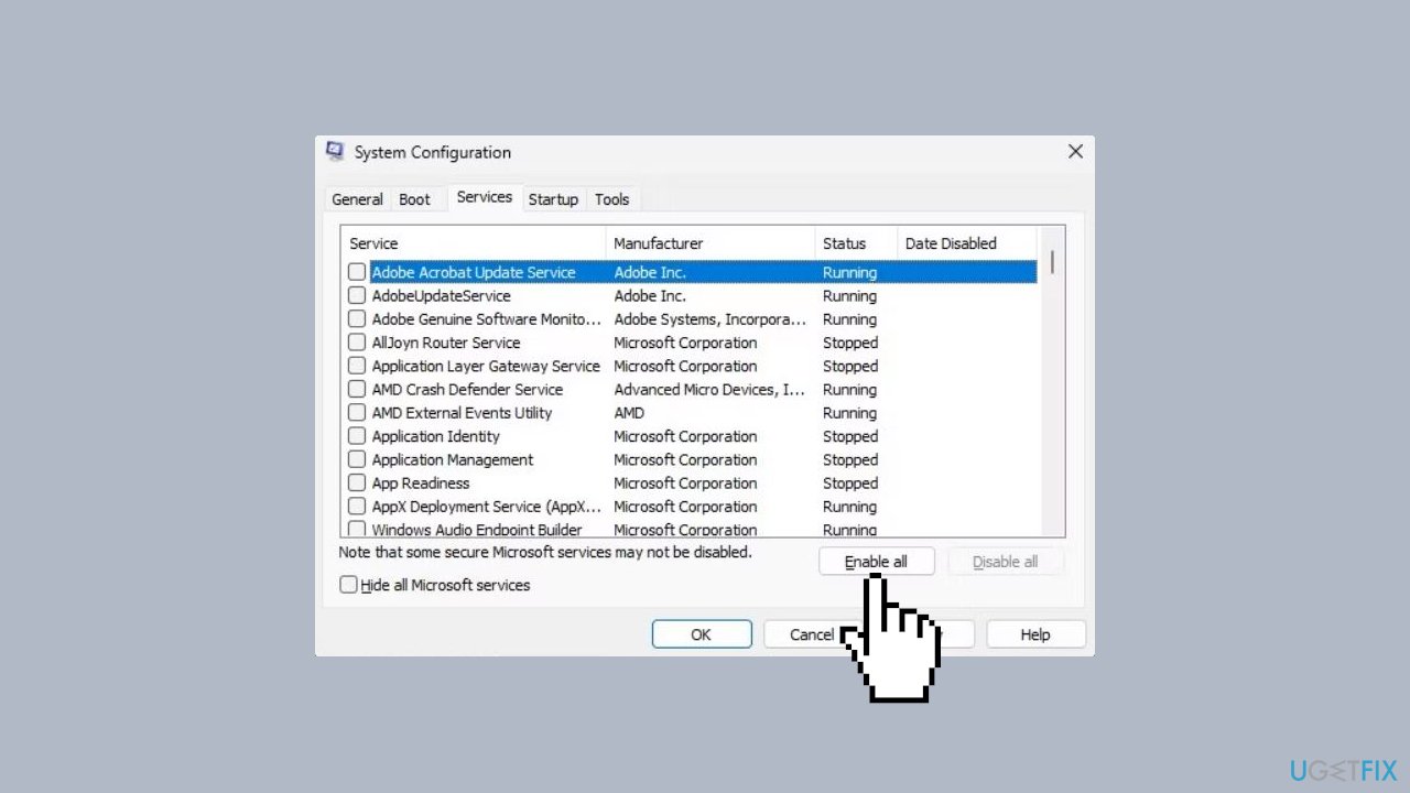Enable All Services in the System Configuration Tool
