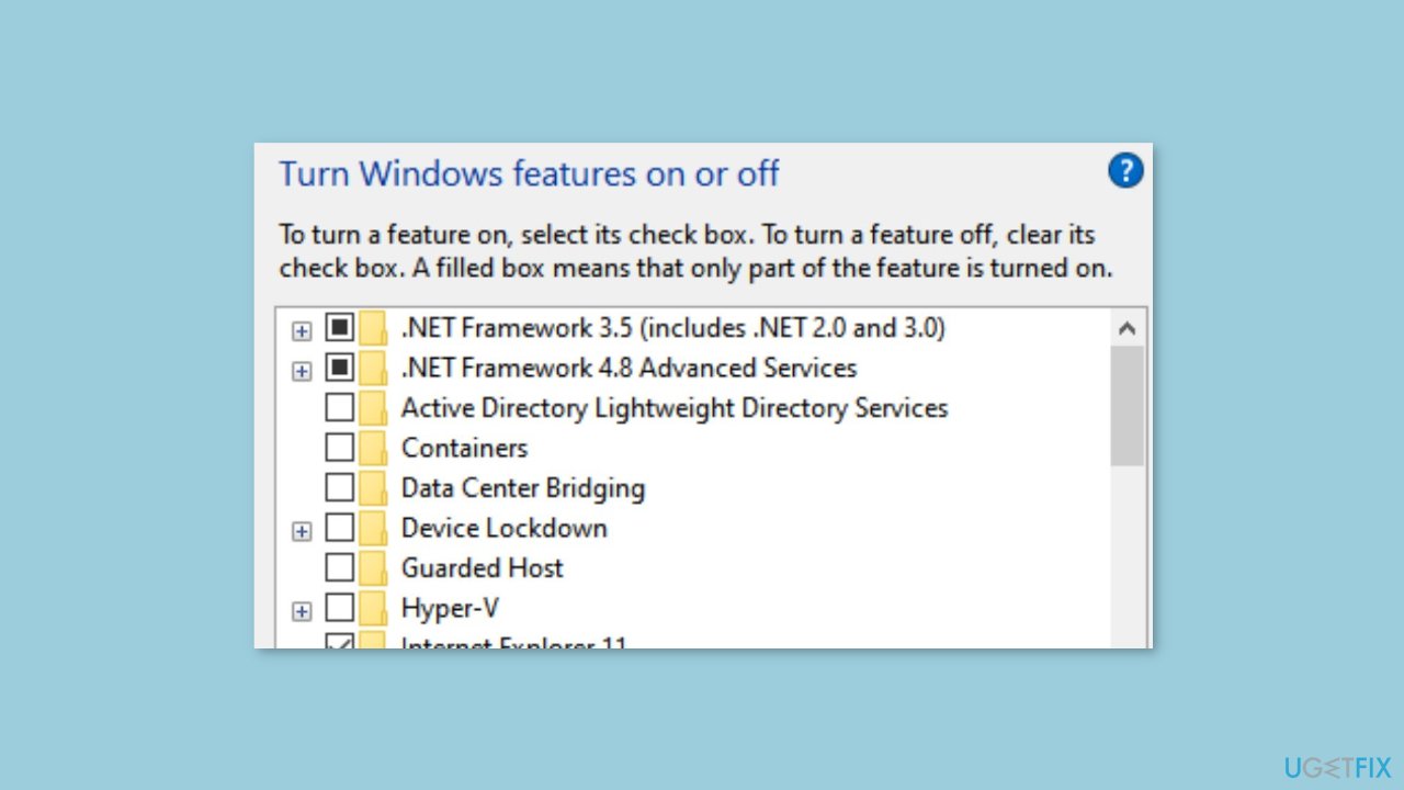 Enable NET Framework in Windows Features