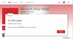 Error 0x803f8001 sticky notes