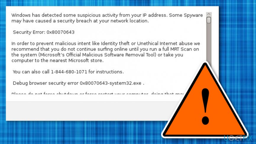 Fake "Security Error: 0x80070643" message