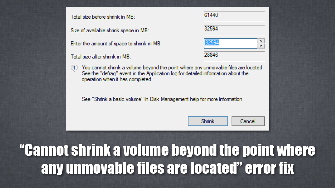[Solved] Cannot shrink a volume beyond the point where any unmovable files are located