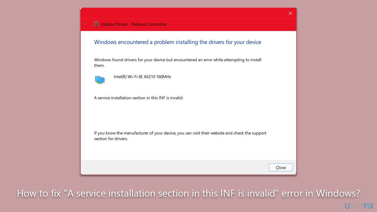 How to fix "A service installation section in this INF is invalid" error in Windows?