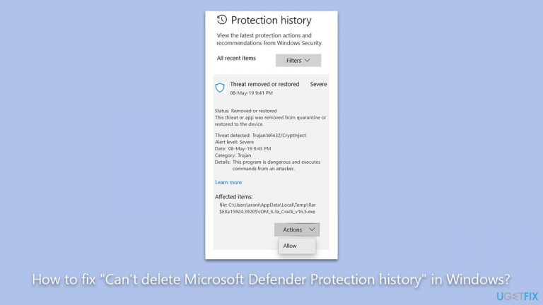 How to fix "Can't delete Microsoft Defender Protection history" in Windows?