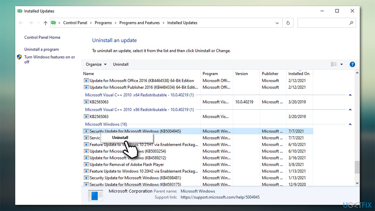 Uninstall the latest Windows updates