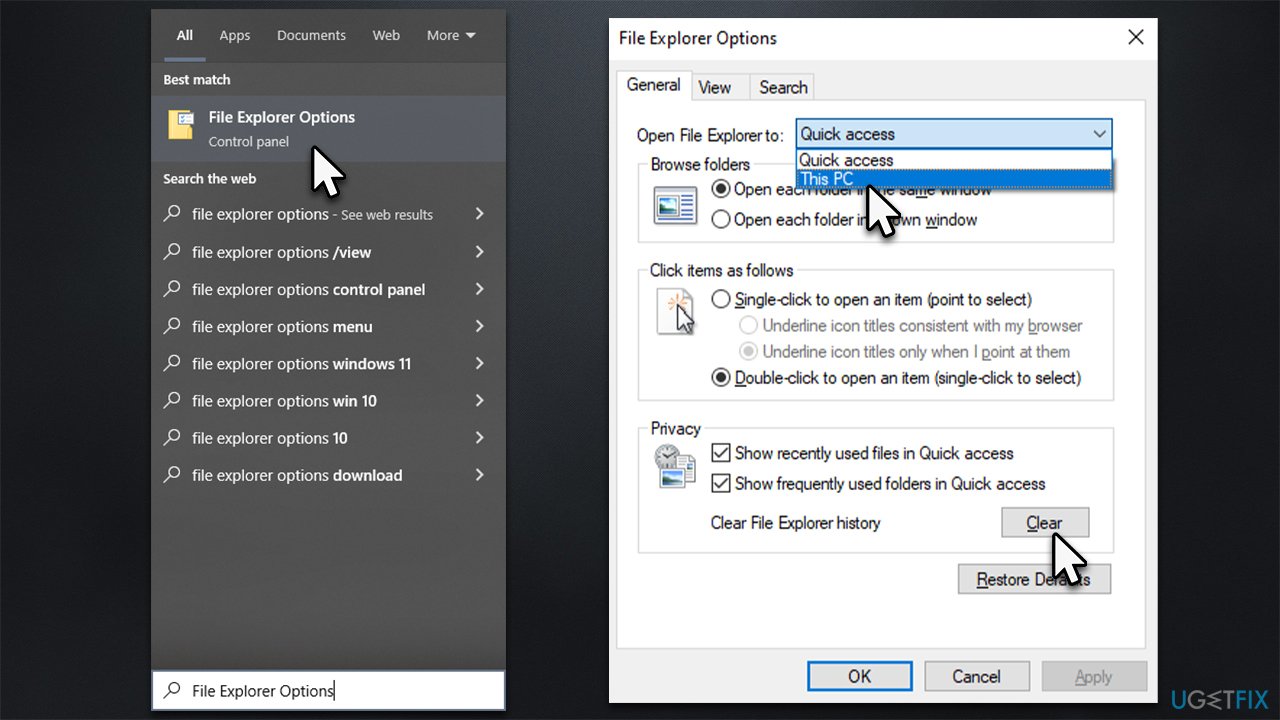 Change File Explorer options and clear history