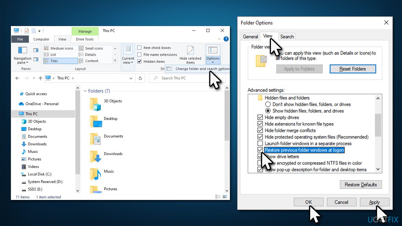 Enable Restore previous folder windows at logon feature