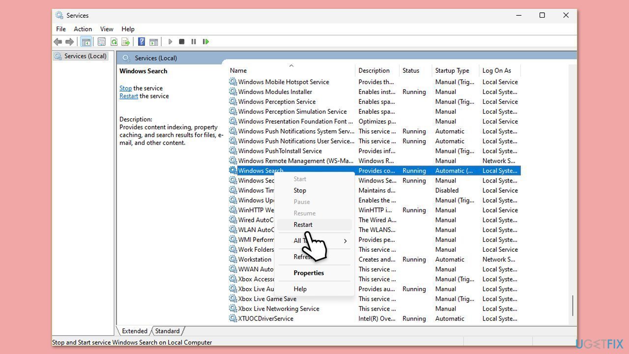 How to fix indexing not running error in windows restart search service